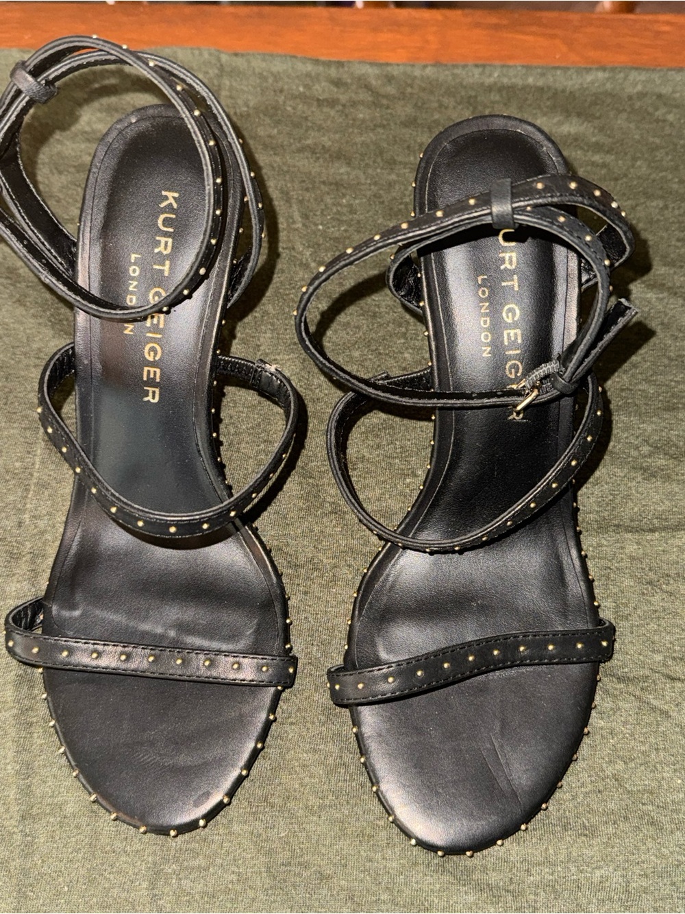 Kurt Geiger Black Ankle-Strap Sandals with Gold Studs